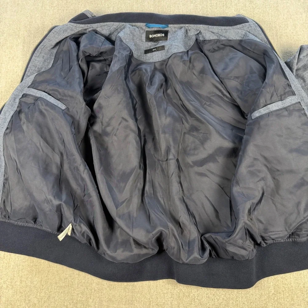 Bonobos Bomber Jacket Men M Gray Blue Linen Cotton Blend Zip Harrington